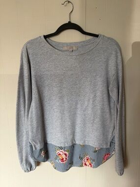 LOFT Gray Layered Light Sweater with Floral Hem